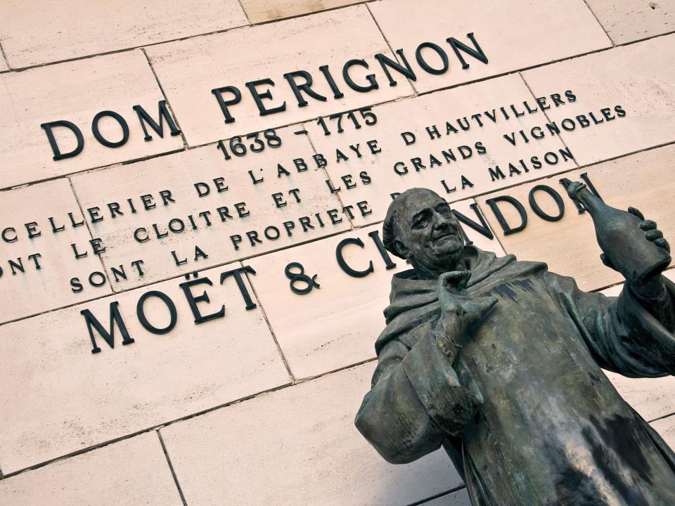 Statue of monk Dom Perignon, at the entrance of the Champagne house Moët & Chandon in Epernay, France